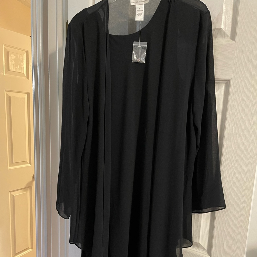 NWOT beautiful classic black dress with sheer jacket. Size Large
